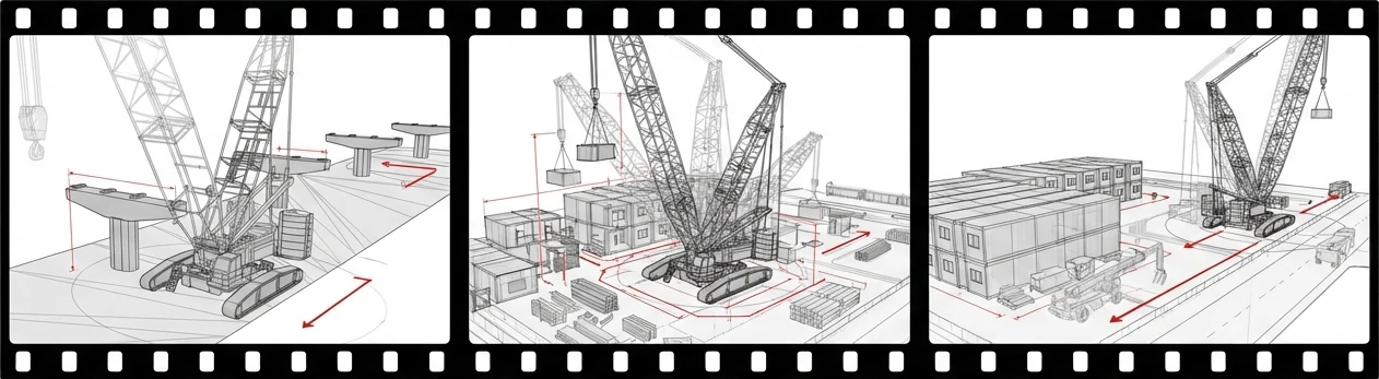 Three frames of the same modular construction site as it changes over seven weeks: a crawler crane setting precast headstocks on an open pad; the site at full density with modules, stacked materials and multiple cranes; and the completed accommodation building with the crane tracking out. Red arrows mark crane travel and material flow in each frame.