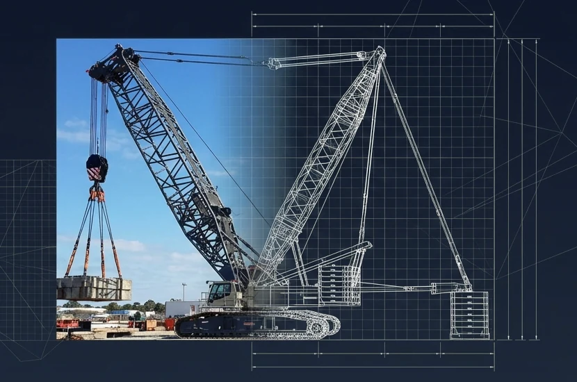 A crawler crane lifting a precast concrete segment on site, the right-hand half of the photograph dissolving into a white line model of the same machine, overlaid with drafting dimension lines.